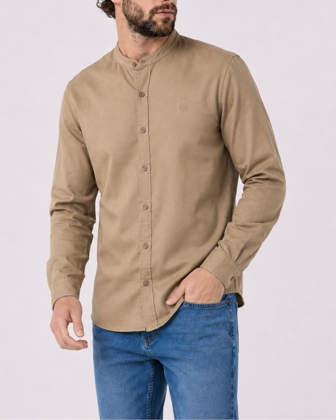 Camisa Hombre Cuello Neru tejido Micro punto Manga Larga