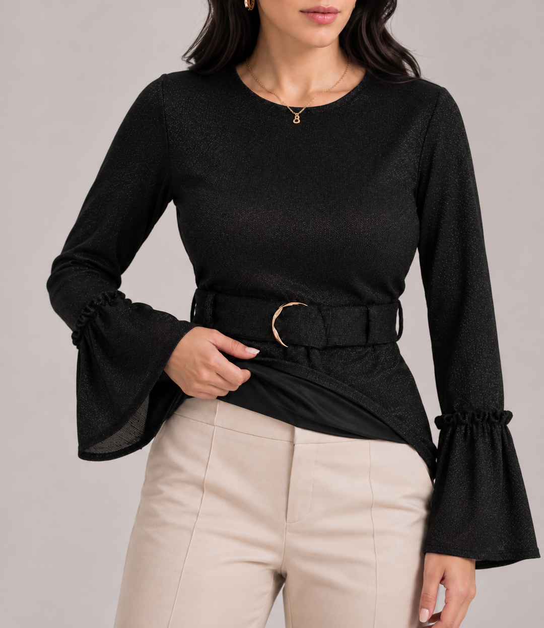 Blusa Negra Mujer con Brillo Lurex y Manga Campana