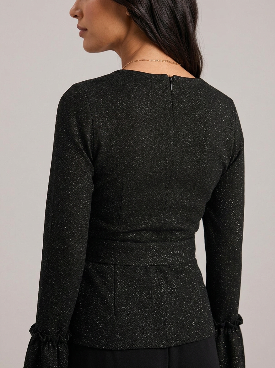 Blusa Negra Mujer con Brillo Lurex y Manga Campana