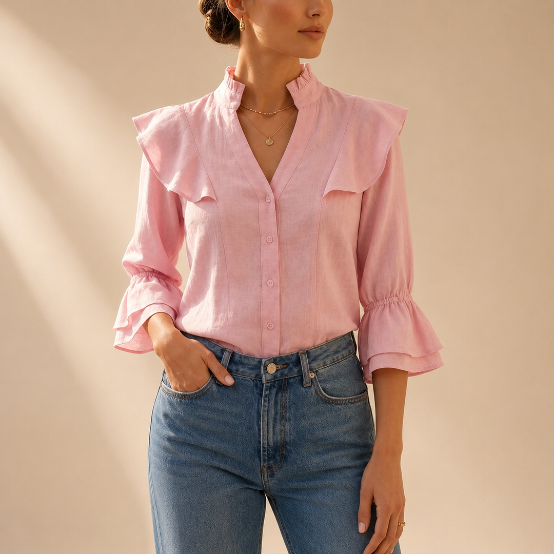 BOLEROS blusa rosa cuello neru con botones 