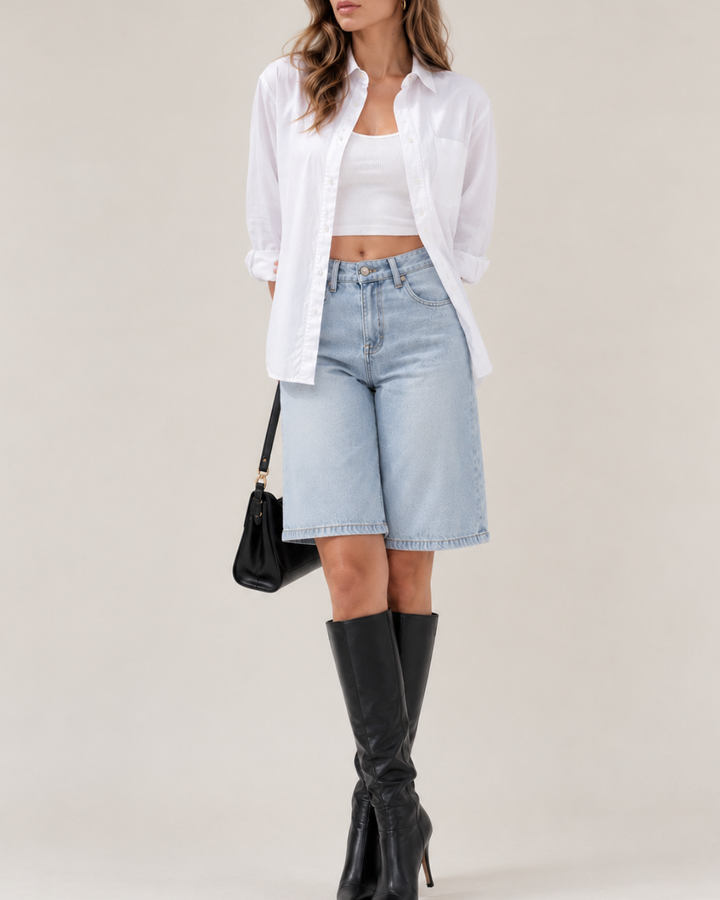 Bermuda Jean Mujer Tiro Medio Azul Claro