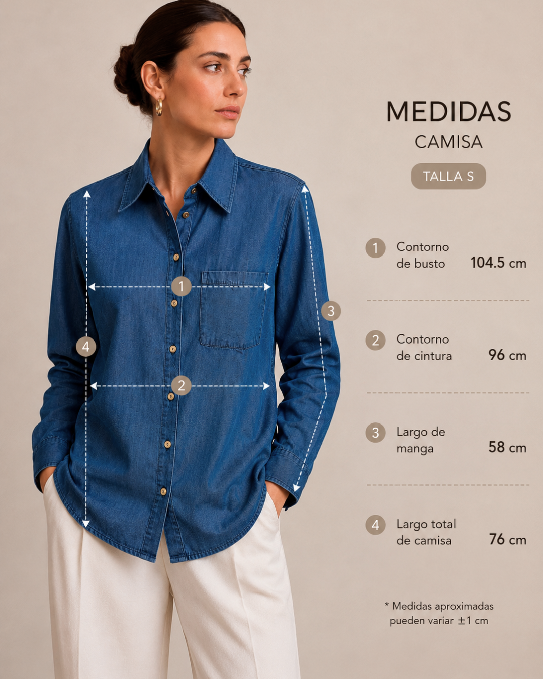 Blusa de denim ligero confeccionada en 100% algodón. Su silueta relajada, bolsillo funcional y diseño clásico la convierten en una prenda versátil, fresca y cómoda para cualquier ocasión. Ideal para quienes buscan elegancia natural y confort durante todo el día.