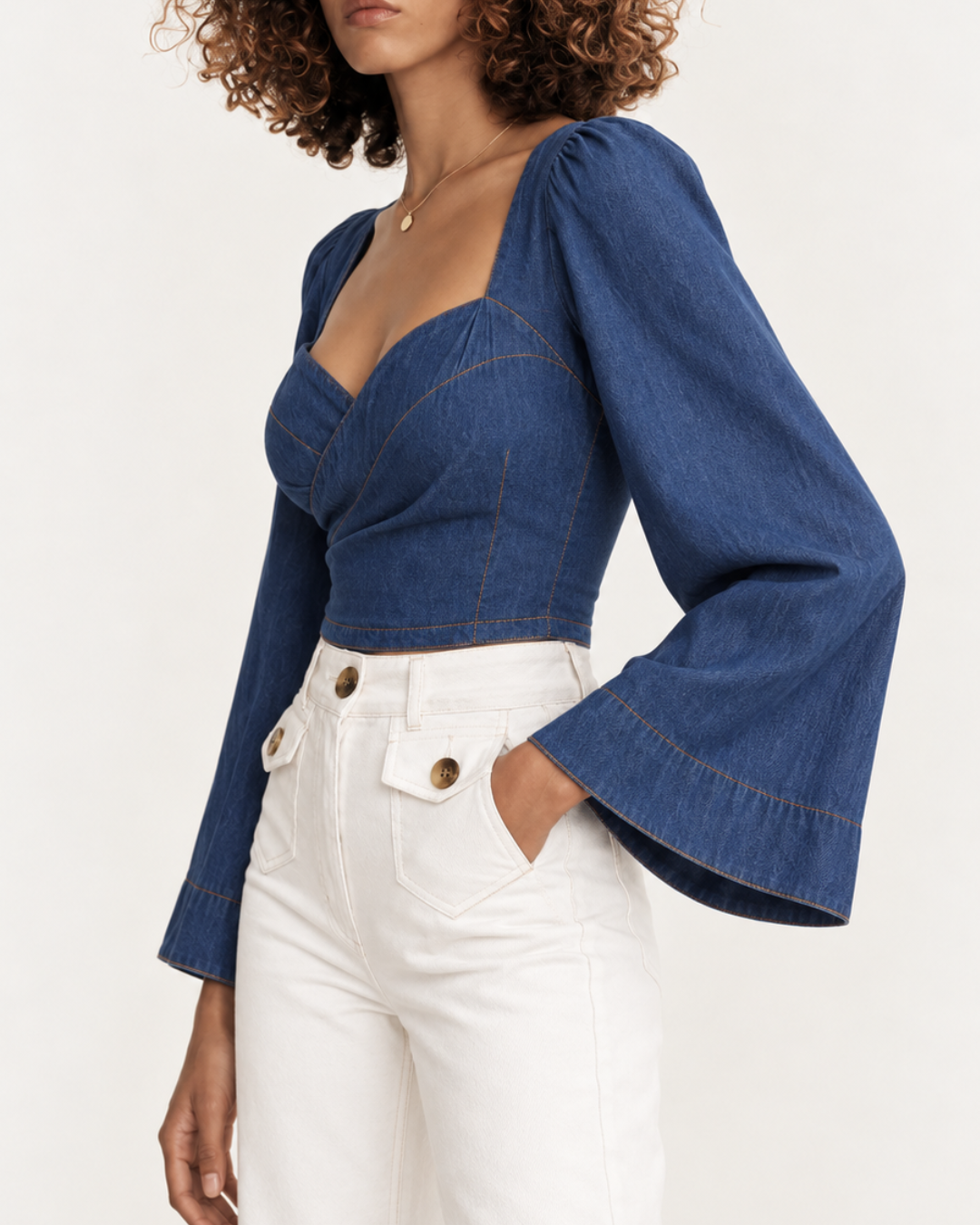 Blusa Dama Denim Tencel Manga Campana Escote Corazón - Purple Rain