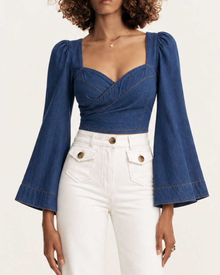 Blusa Dama Denim Tencel Manga Campana Escote Corazón - Purple Rain
