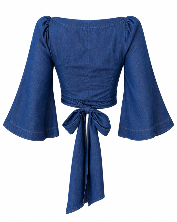 Blusa Dama Denim Tencel Manga Campana Escote Corazón - Purple Rain