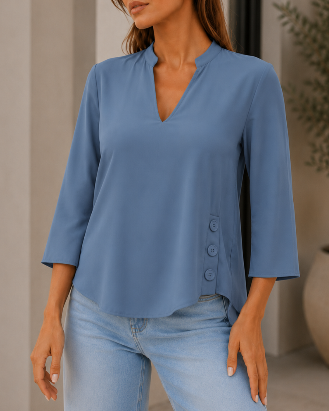 Blusa Dama Blusa Elegante Cuello V con Botones