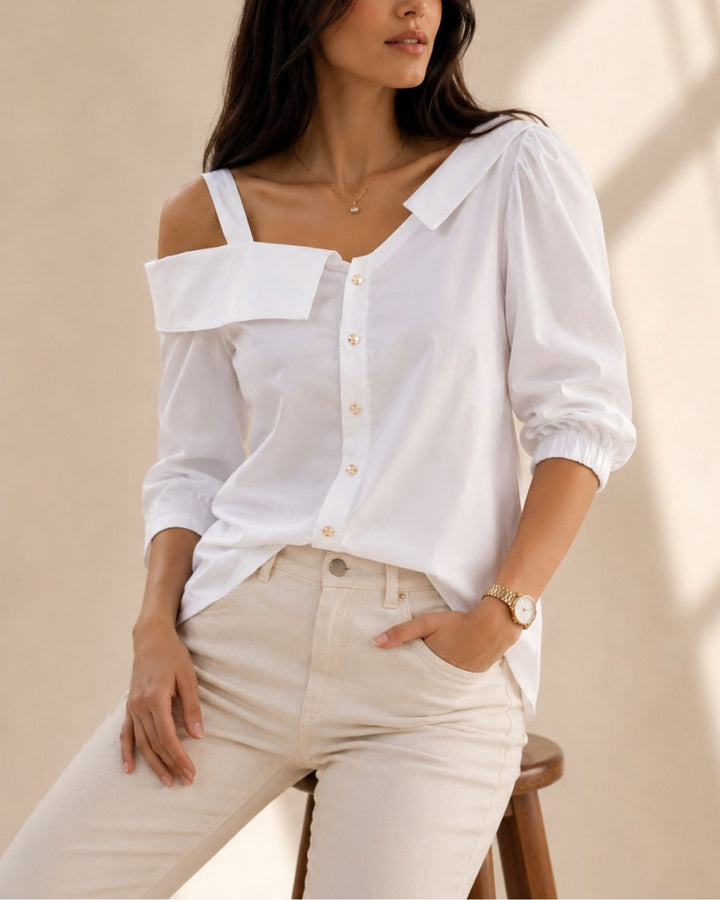 Escote asimétrico femenino
• Manga larga con volumen sutil
• Tela suave y cómoda
• Diseño elegante y versátil
• Caída fluida y favorecedora
• Ideal para ocasiones casuales o formales