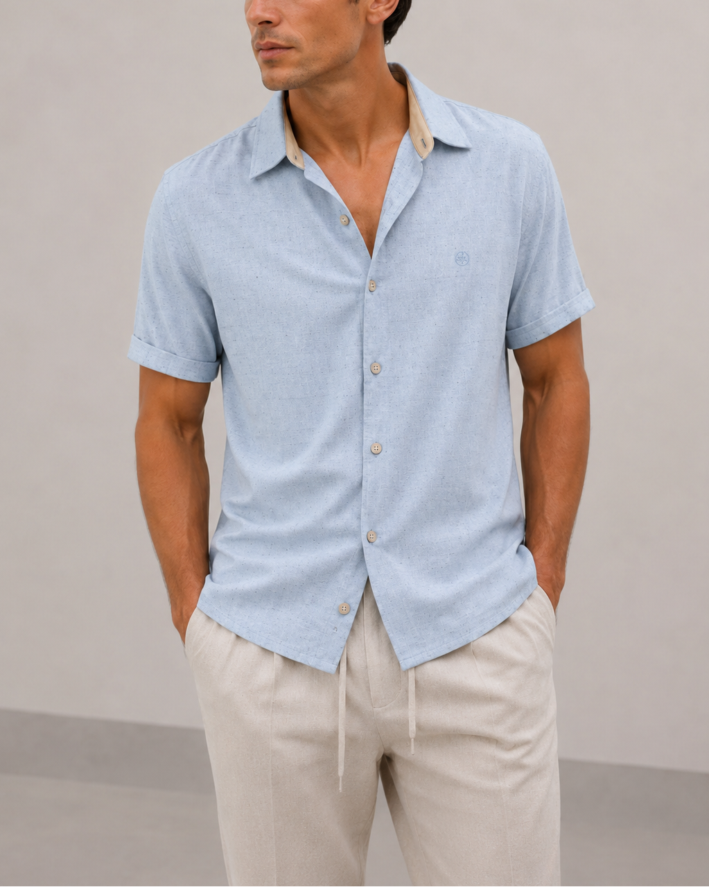 Camisa Hombre Manga Corta Rayón Lino Efecto Flameado