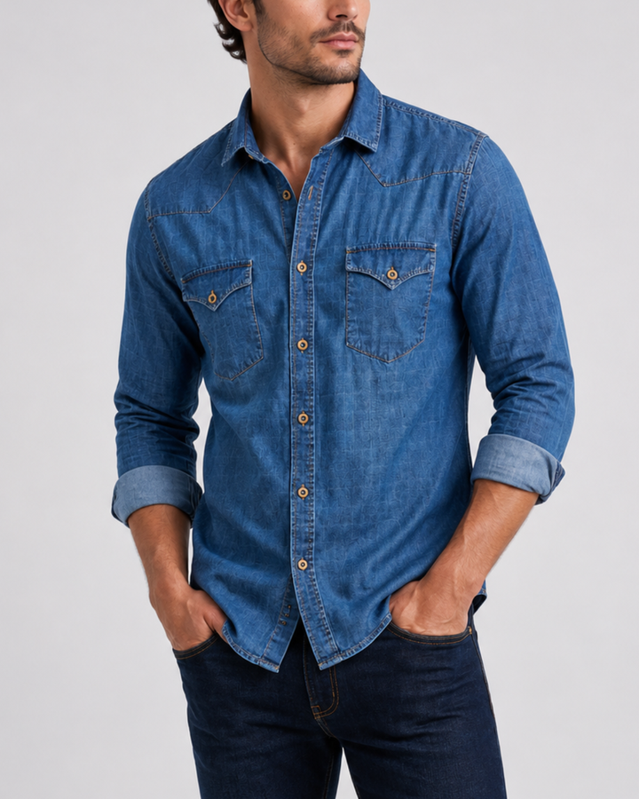 Camisa hombre manga larga Denim Texturizada Cuadros