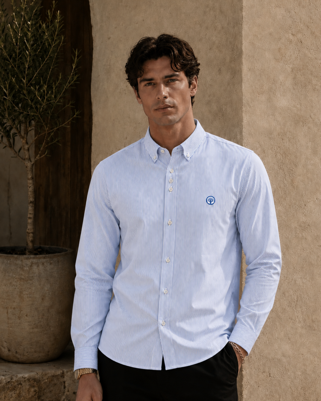 Camisa Esencial Hombre Manga Larga Raya Gruesa
