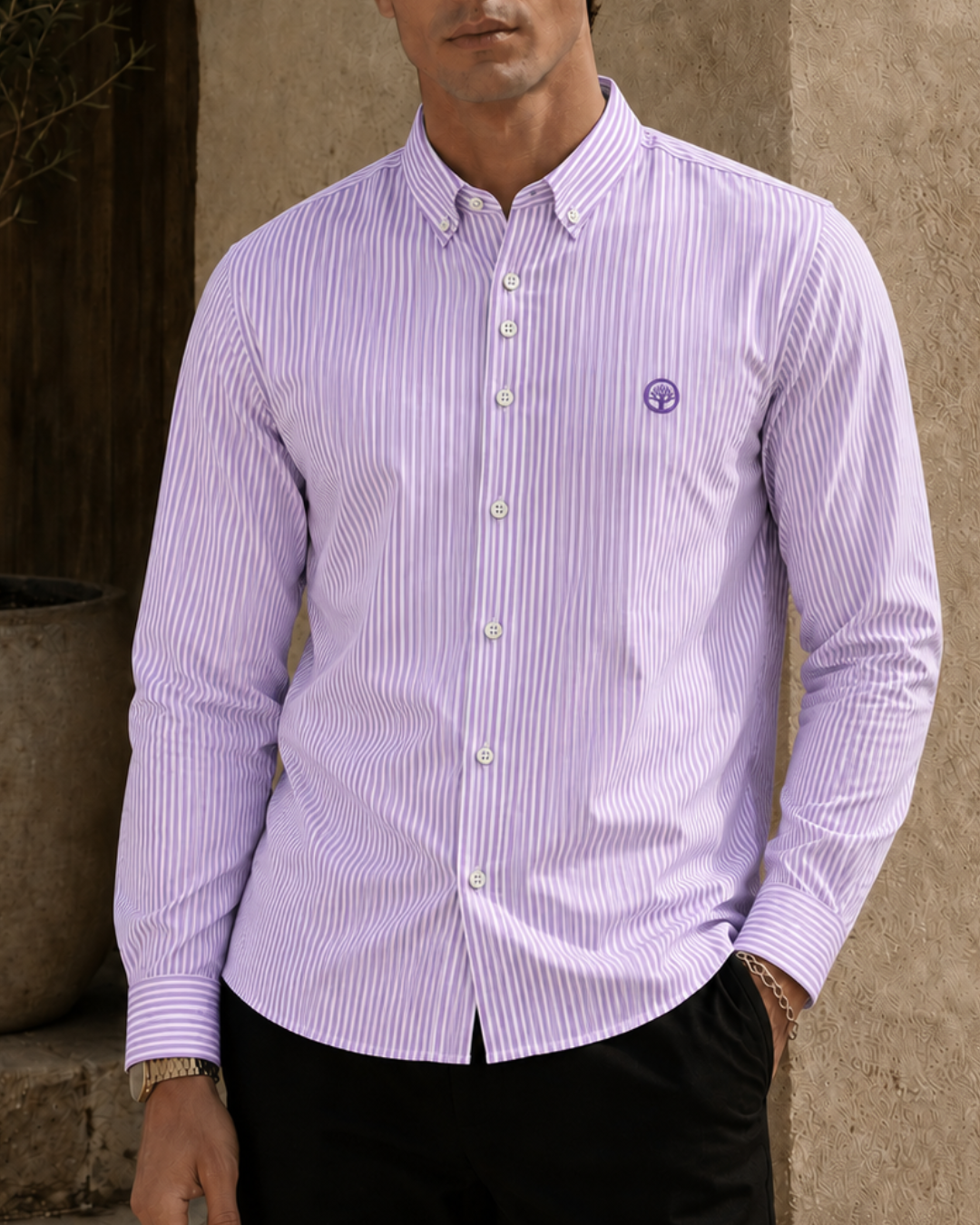 Camisa Esencial Hombre Manga Larga Raya Gruesa