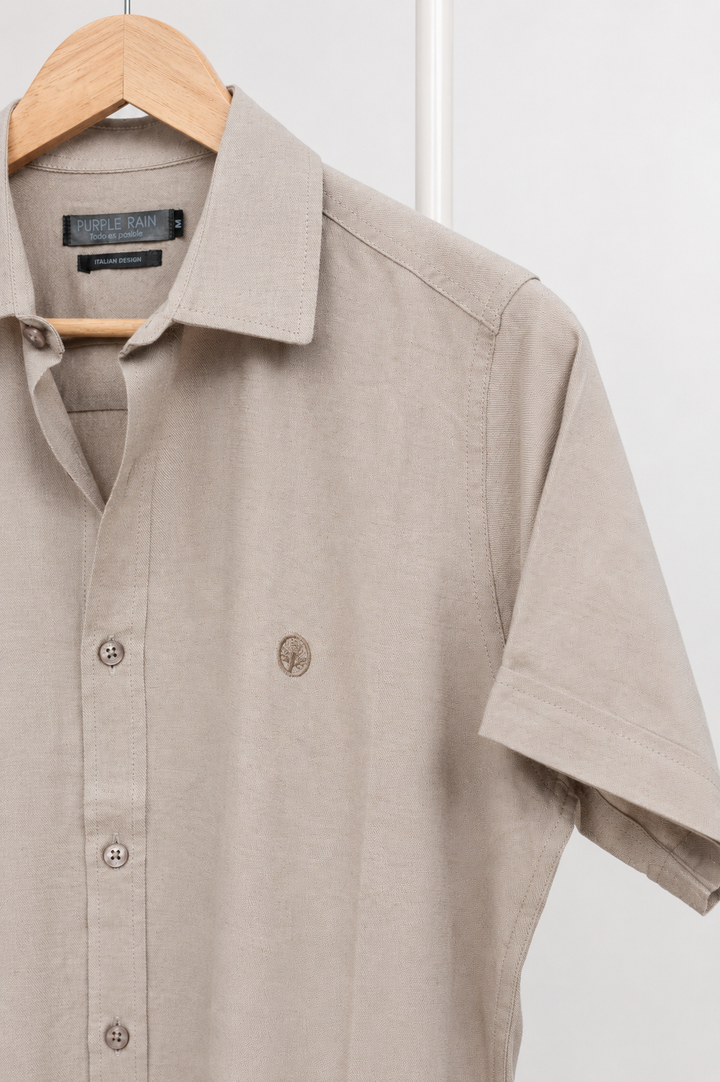 Camisa Hombre Manga Corta Rayón Lino Efecto Flameado