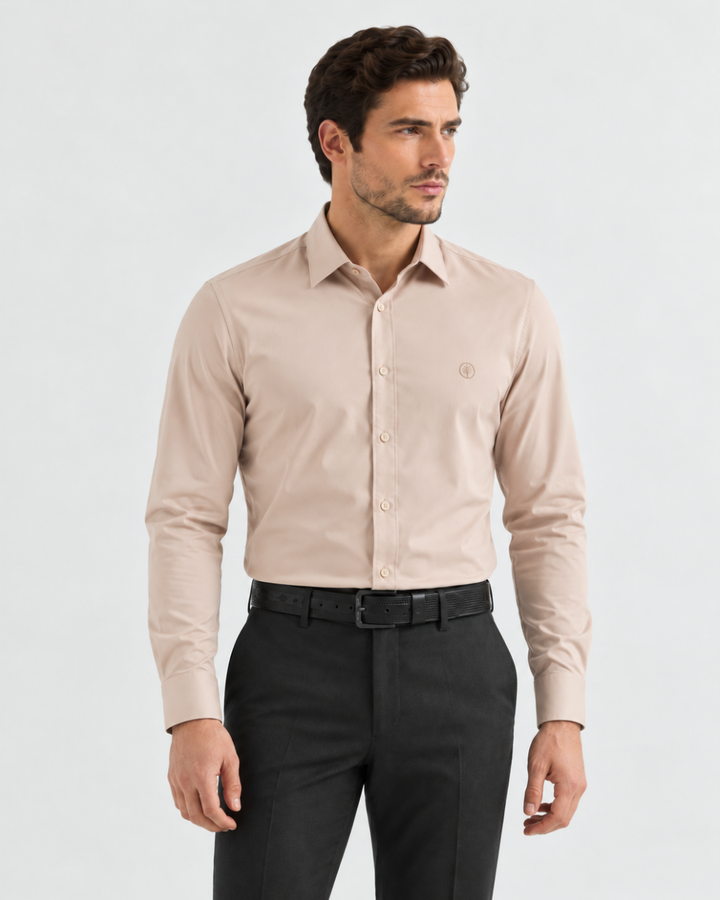 Camisa Hombre Manga Larga en Rayón Stretch con Brillo Sutil Tonos Tierra