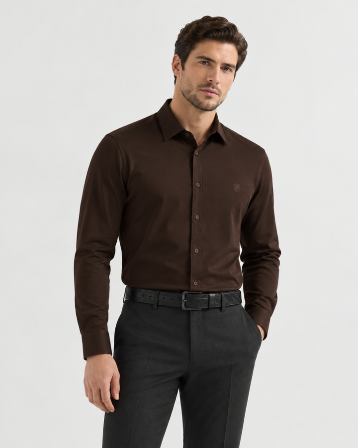 Camisa Hombre Manga Larga en Rayón Stretch con Brillo Sutil Tonos Tierra