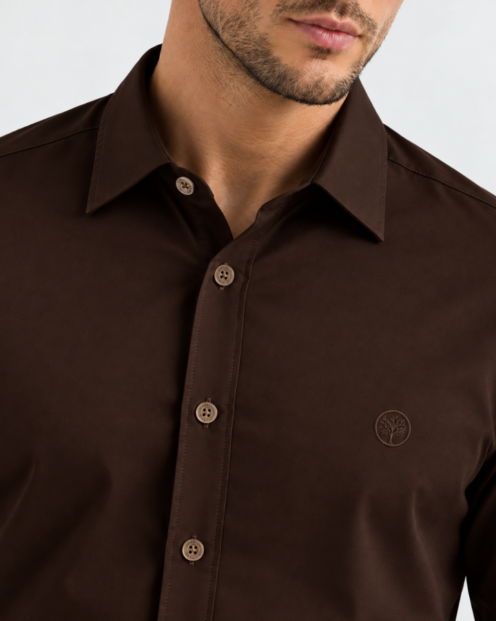 Camisa Hombre Manga Larga en Rayón Stretch con Brillo Sutil Tonos Tierra