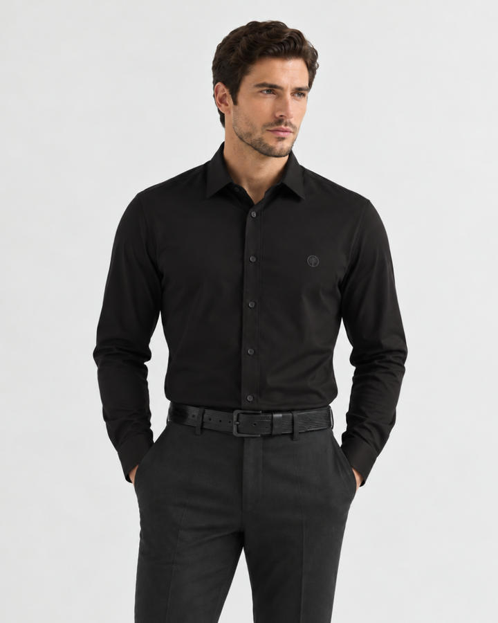 Camisa Hombre Manga Larga en Rayón Stretch con Brillo Sutil Tonos Tierra