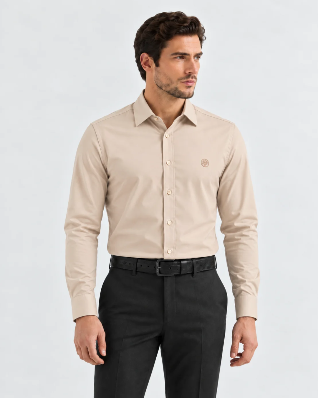 Camisa Hombre Manga Larga en Rayón Stretch con Brillo Sutil Tonos Tierra