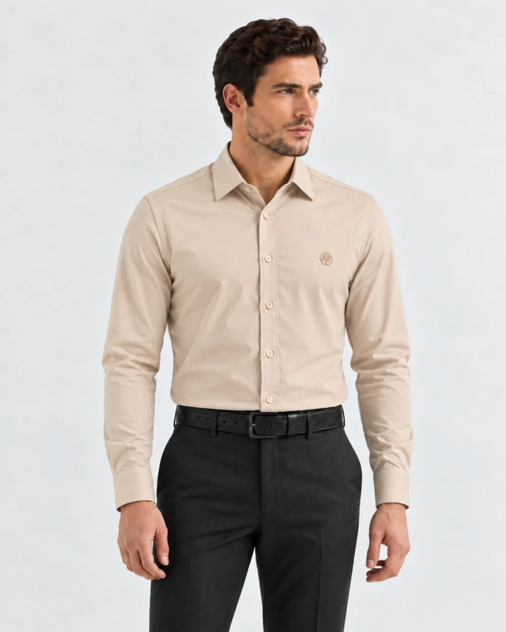 Camisa Hombre Manga Larga en Rayón Stretch con Brillo Sutil Tonos Tierra