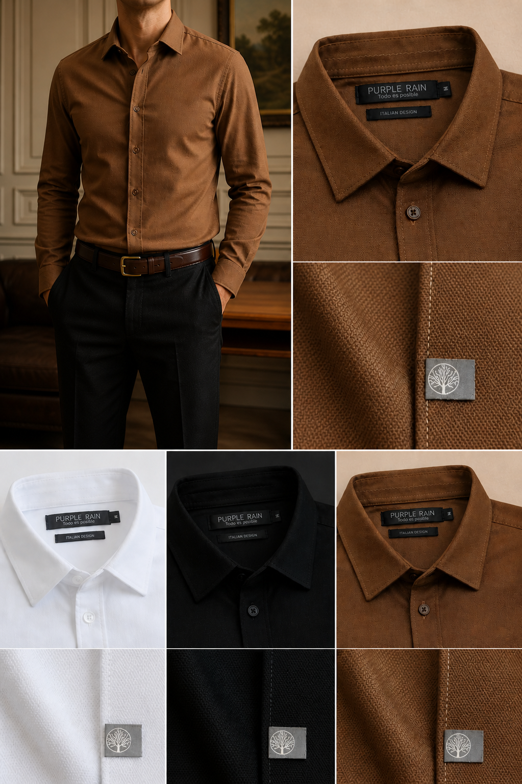 "Camisa hombre slim fit con la elegancia atemporal del estilo 
Old Money. Diseño minimalista colombiano con detalles que 
hablan de calidad. La pieza esencial para construir un 
guardarropa de quiet luxury auténtico. Purple Rain — 23 años 
creando elegancia que perdura."