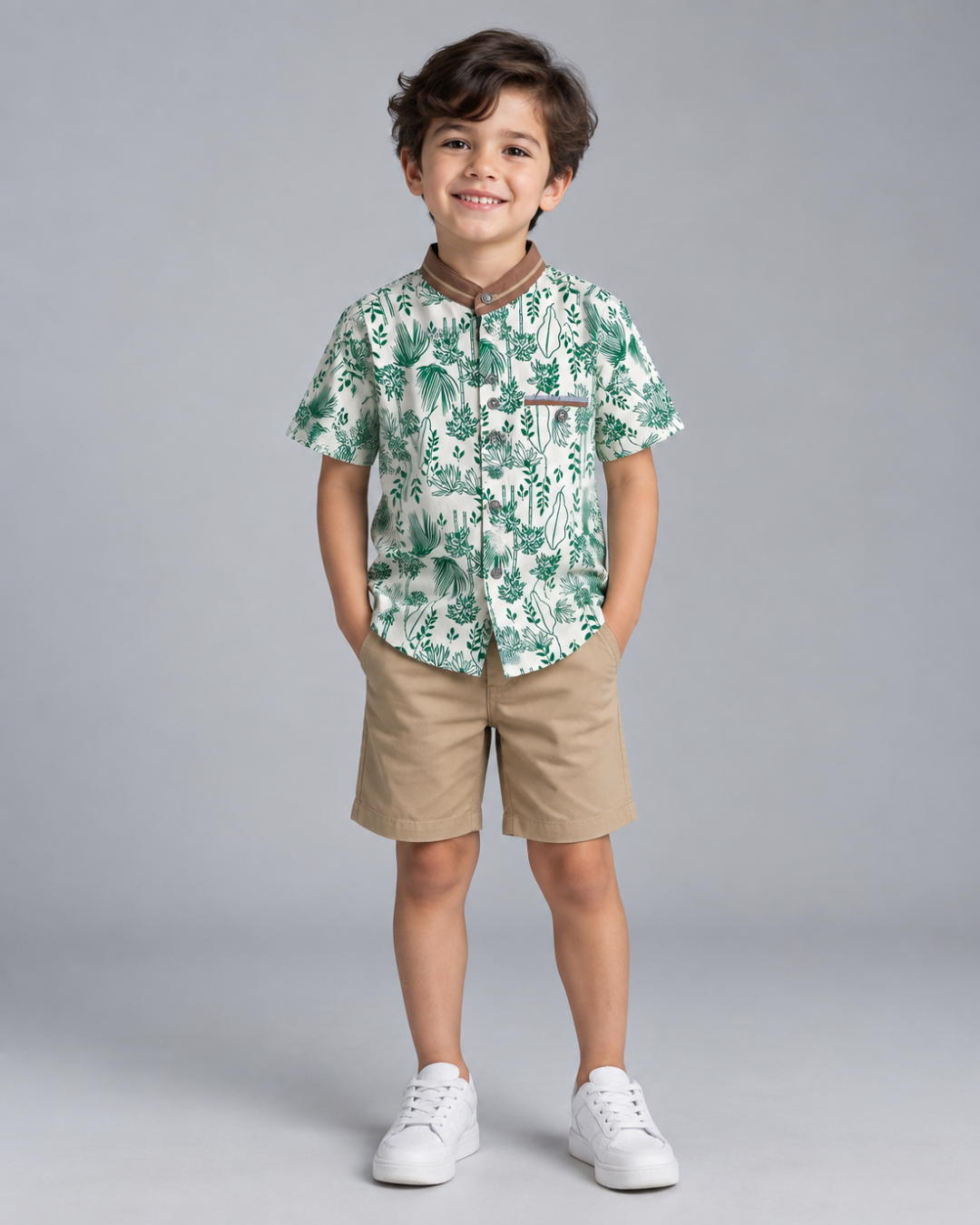 Camisa Niño Estampada Manga Corta Cuello Nerú