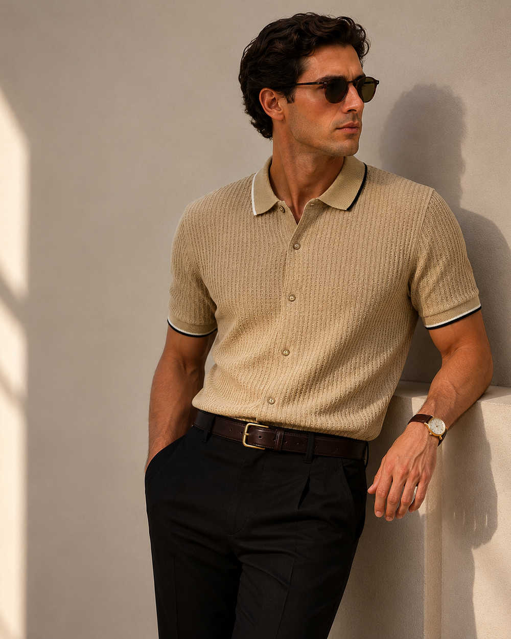 camisa texturizada hombre, camisa casual elegante hombre, camisa manga corta hombre, camisa premium hombre, camisa tejido texturizado, camisa beige hombre, camisa cómoda hombre, camisa con elastómero, camisa smart casual hombre, camisa cuello tejido hombre, camisa moderna hombre, camisa fresca hombre, camisa Purple Rain, camisa de botones hombre, camisa para combinar con pantalón negro.