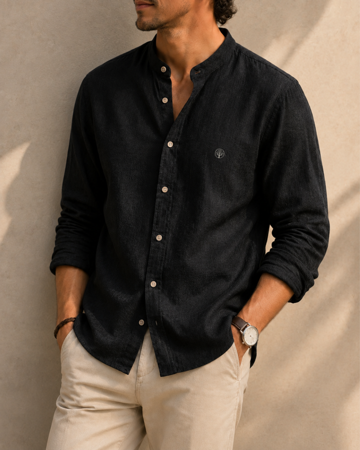 Camisa cuello nerú para hombre color negro en lino y rayón