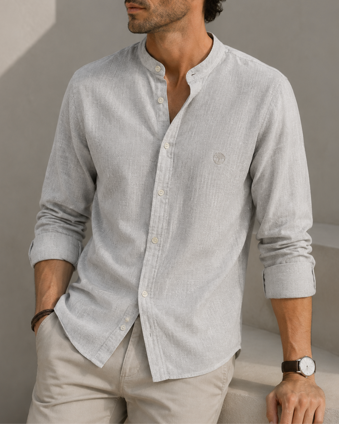 Camisa de lino blanca para hombre manga larga cuello nerú