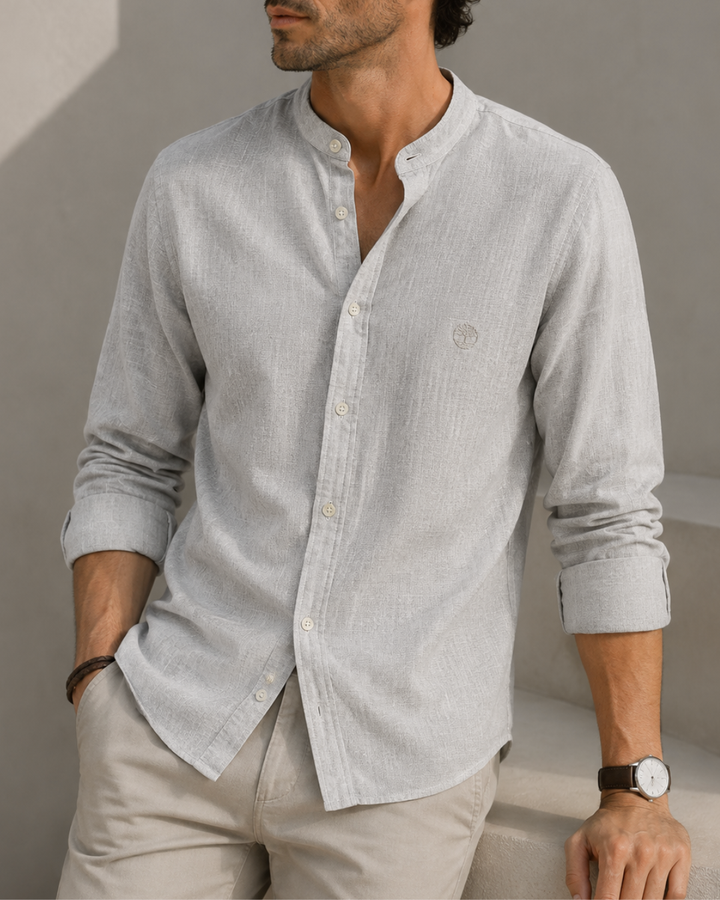 Camisa de lino blanca para hombre manga larga cuello nerú
