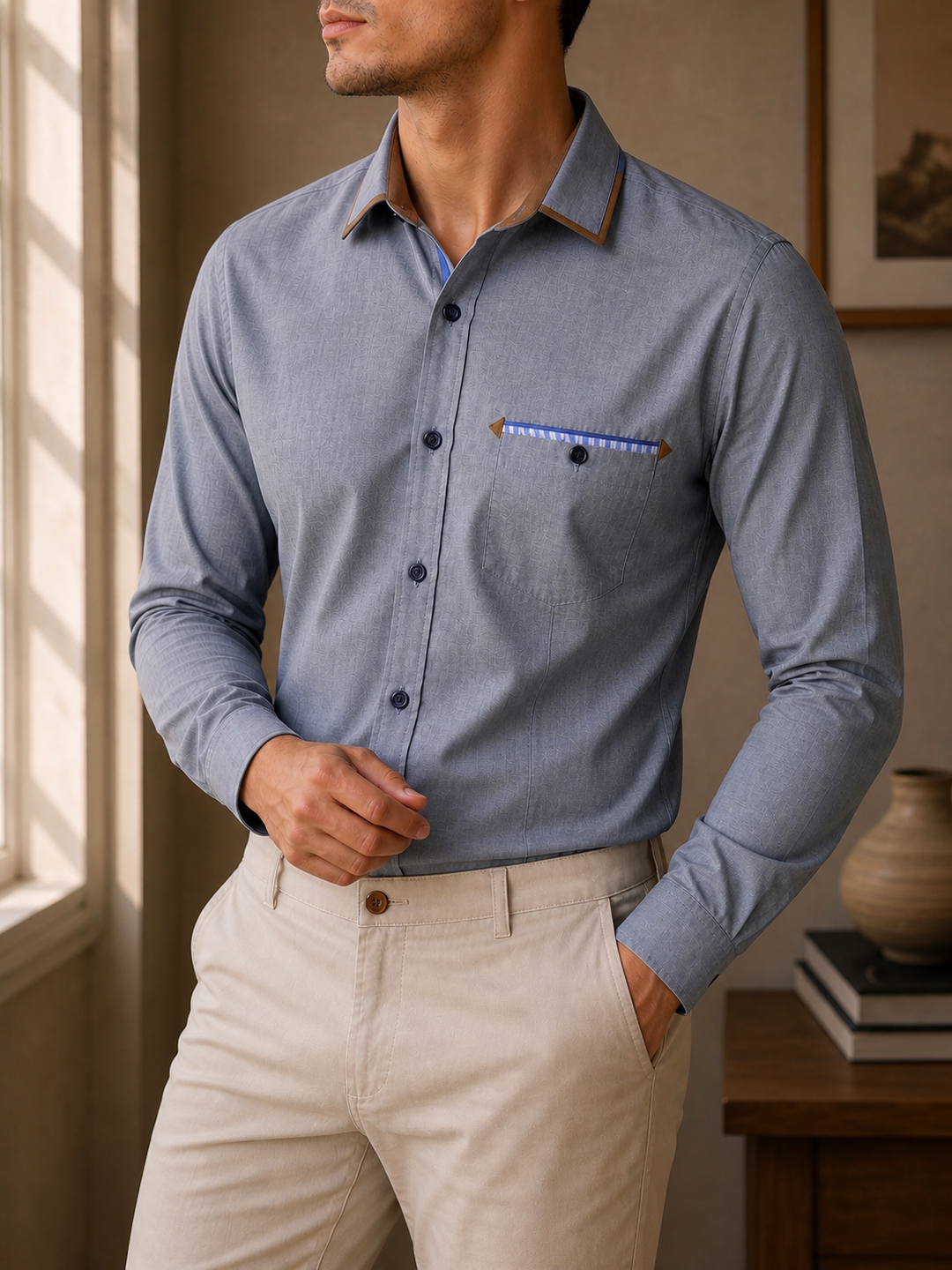 Elaborada en algodon, poliester y spandex, con detalles combinandos en el cuello, pechera y puño.