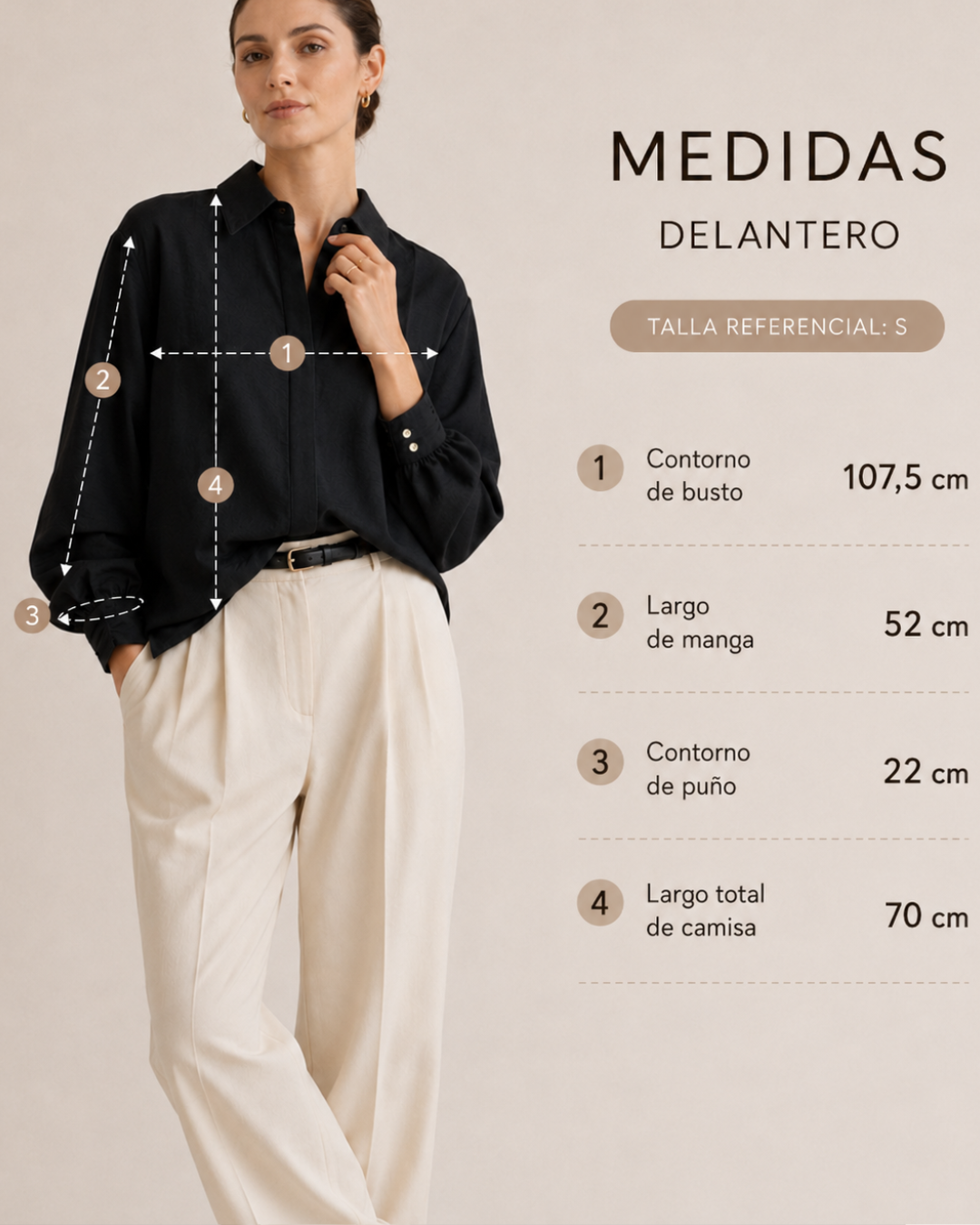 – Camisa de horma amplia
– Tela ligera, fluida y texturizada
– Composición: 85% viscosa, 15% nylon
– Cuello camisero clásico
– Botones ocultos con tapeta frontal
– Puños con diseño recogido
– Manga larga con volumen sutil
– Espalda con pieza superior y pliegue central
– Largo cómodo con caída natural
– Ideal para looks elegantes, casuales o de oficina