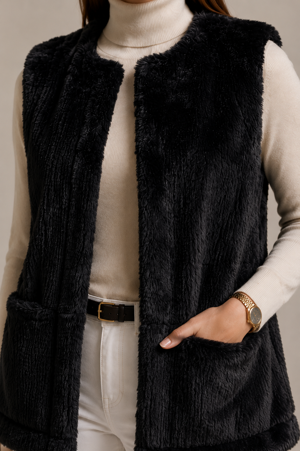 Chaleco Hampton Soft · Peluche 100% Algodón Cuello Redondo Negro 