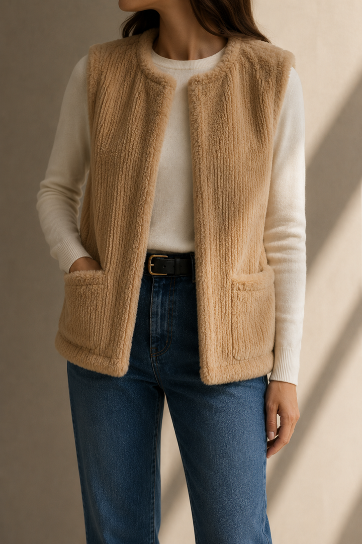Chaleco Hampton Soft · Peluche 100% Algodón Cuello Redondo outfit dama 