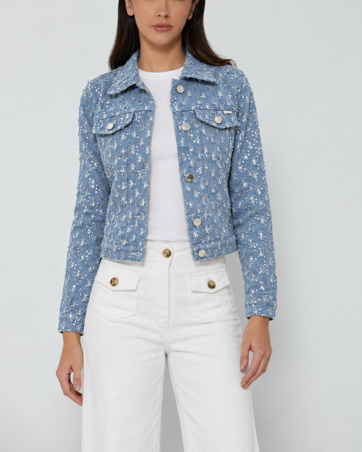 Chaqueta Denim Corta para Mujer Azul Claro con Lentejuelas
