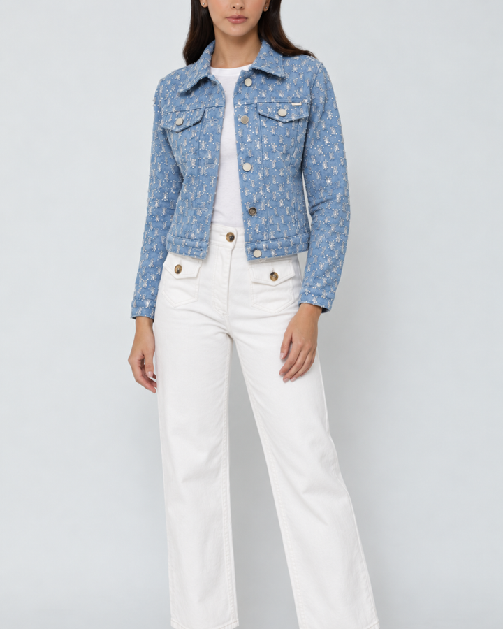 Chaqueta Denim Corta para Mujer Azul Claro con Lentejuelas