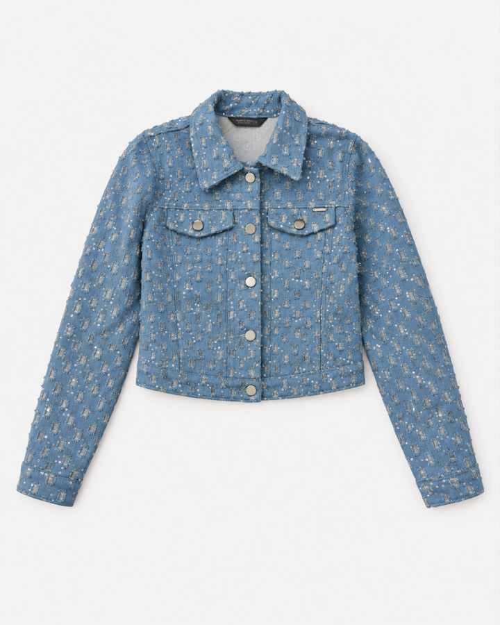 Chaqueta Denim Corta para Mujer Azul Claro con Lentejuelas