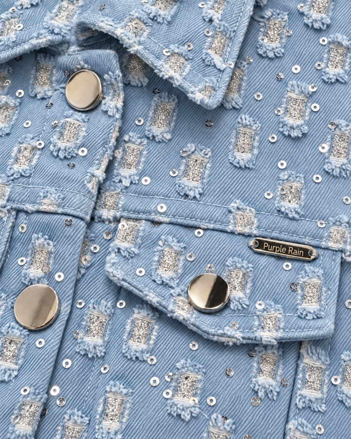 Chaqueta Denim Corta para Mujer Azul Claro con Lentejuelas