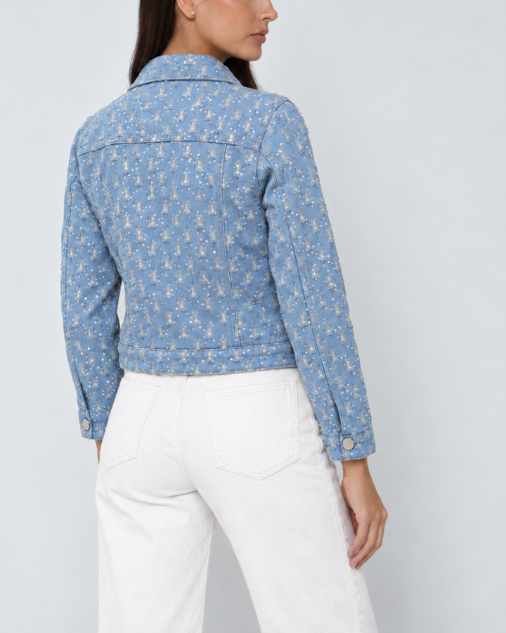 Chaqueta Denim Corta para Mujer Azul Claro con Lentejuelas