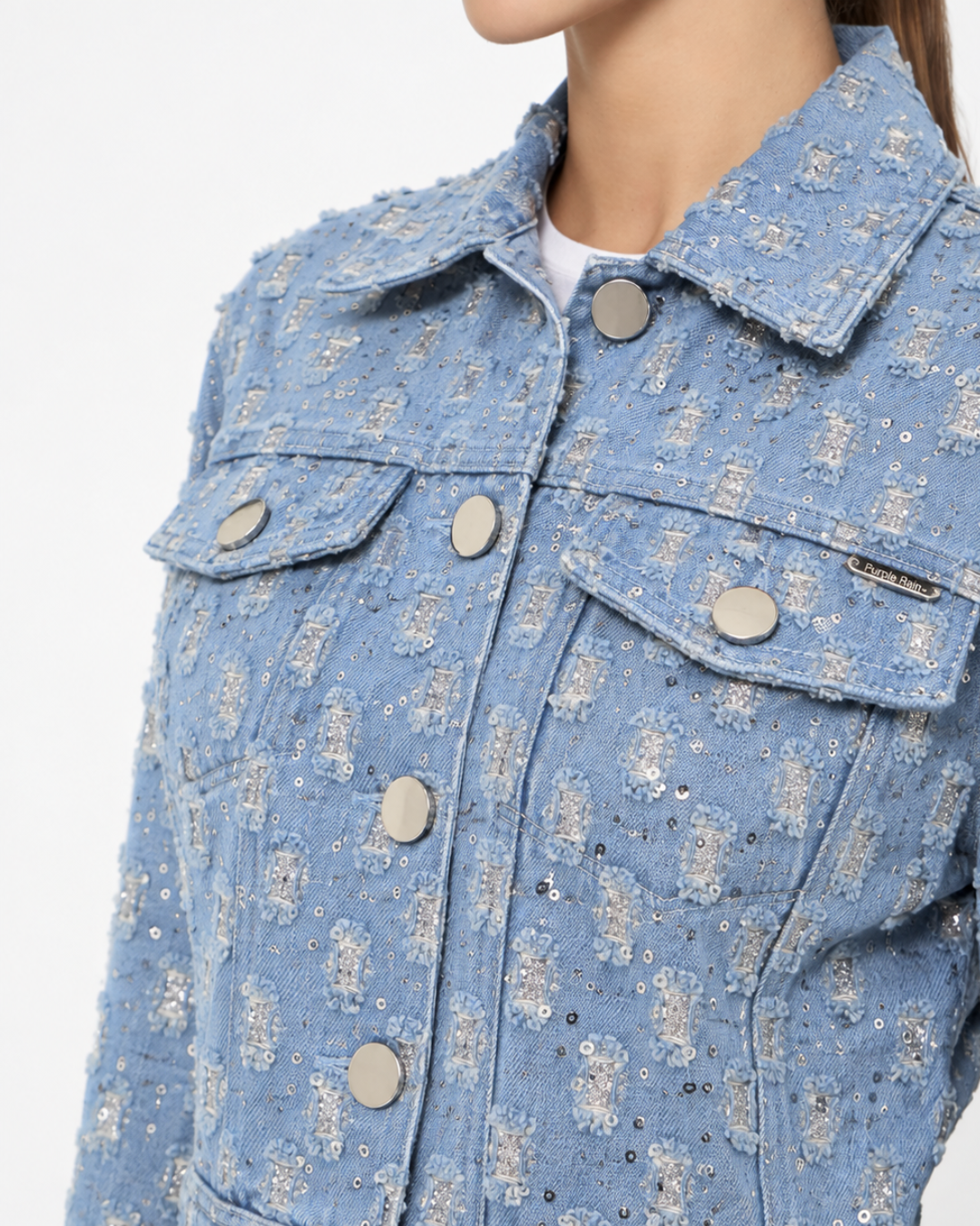 Chaqueta Denim Corta para Mujer Azul Claro con Lentejuelas