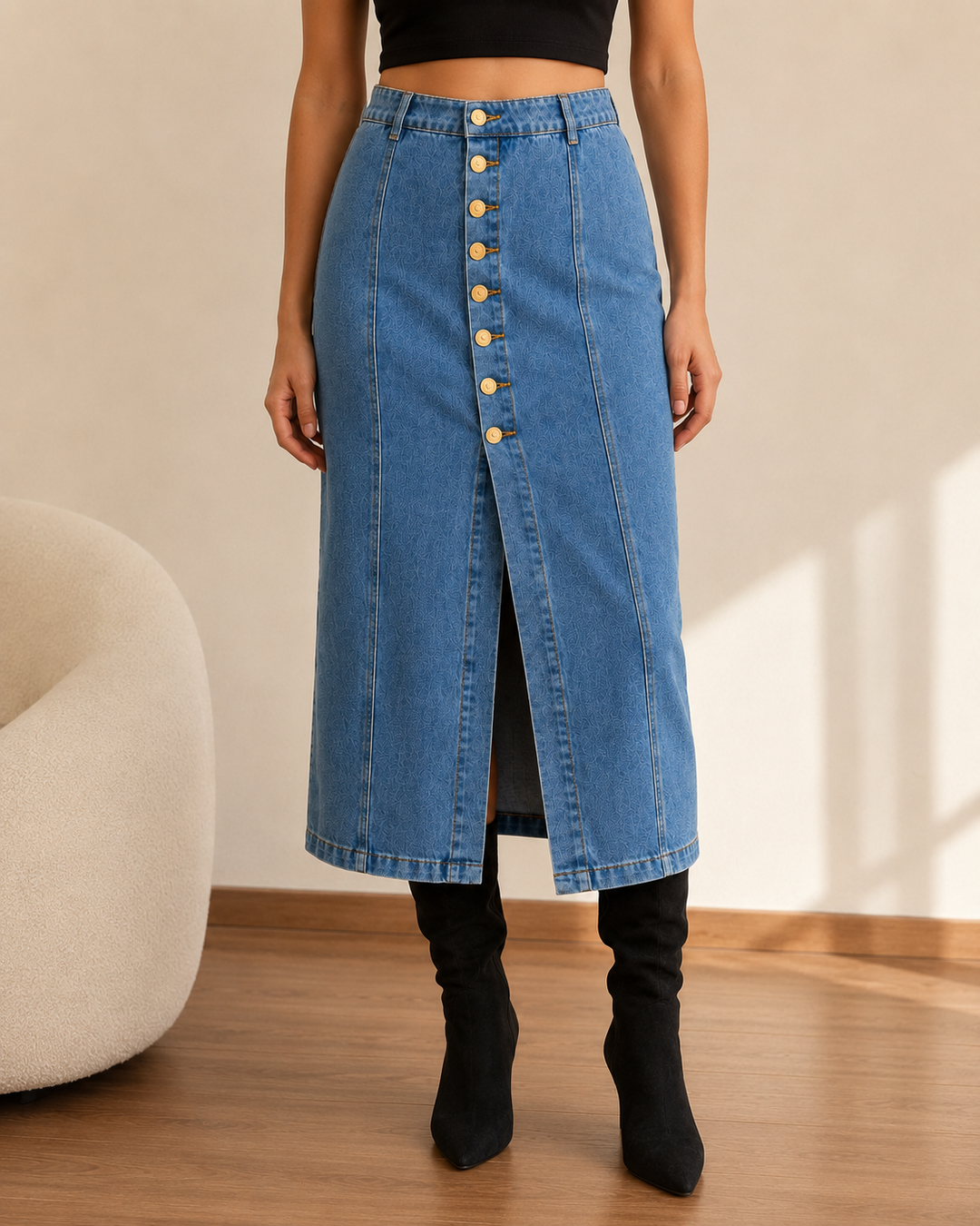 Falda Denim Midi Botonera