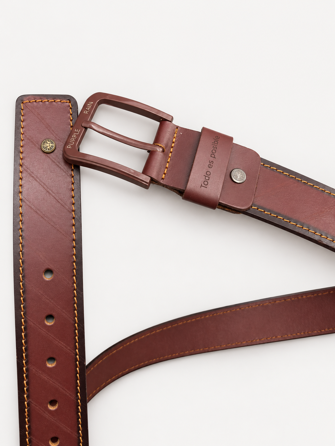 Cinturón de cuero bovino para hombre burdeos con costuras | Purple Rain