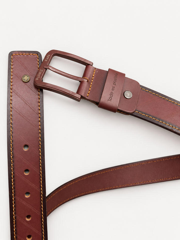 Cinturón de cuero bovino para hombre burdeos con costuras | Purple Rain