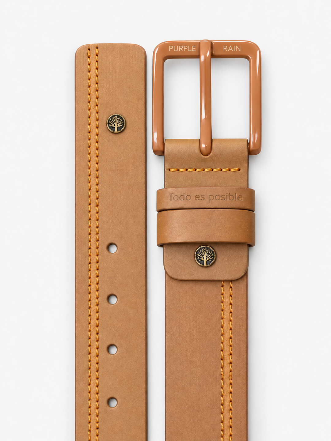 Cinturón de cuero camel para hombre con doble costura | Purple Rain