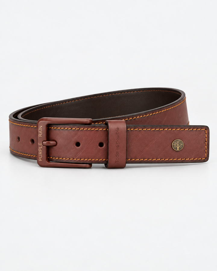 Cinturón de cuero bovino para hombre burdeos con costuras | Purple Rain