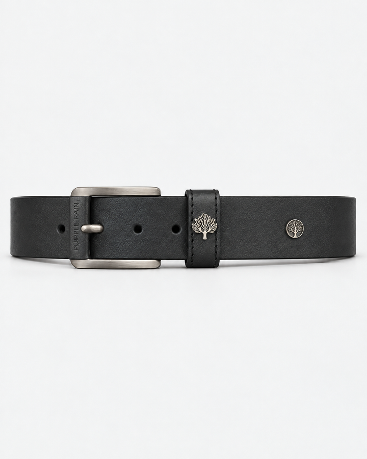 Cinturón de cuero negro para hombre con hebilla plateada | Purple Rain
