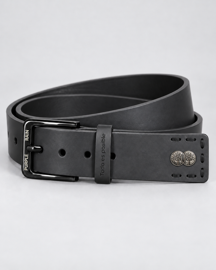 Cinturón de cuero negro para hombre con doble medallón | Purple Rain