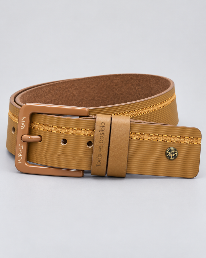 Cinturón de cuero camel para hombre con doble costura | Purple Rain