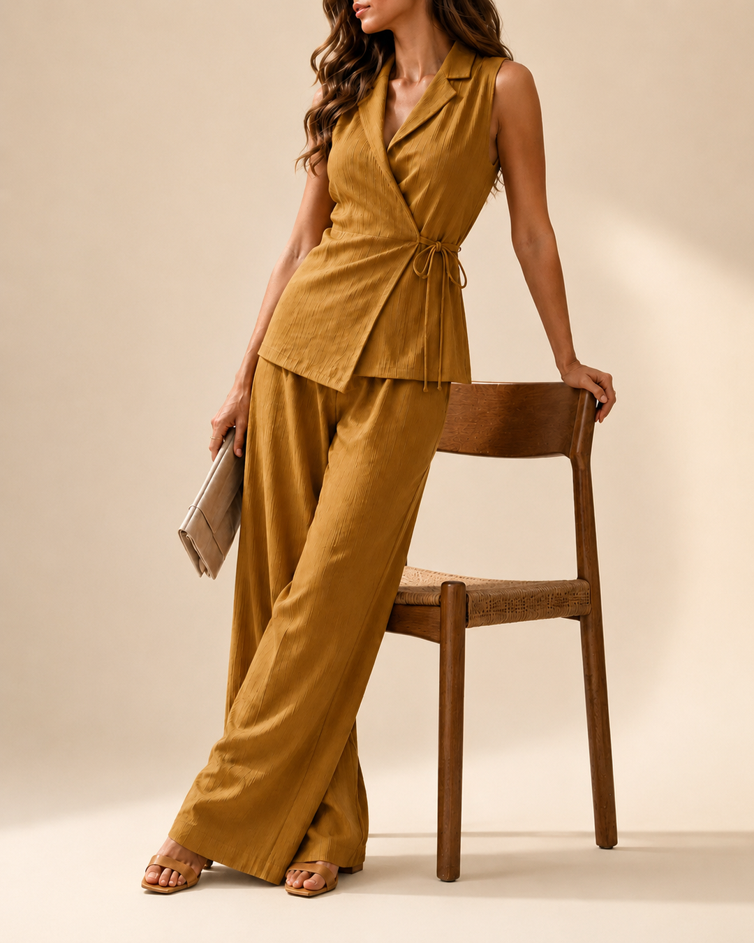 Características
Conjunto de dos piezas para mujer
Chaleco cruzado sin mangas
Amarre lateral ajustable
Escote en V elegante
Cuello tipo sastre
Pantalón palazzo de bota amplia
Silueta estilizada y femenina
Tela suave con caída fluida
Diseño sofisticado y versátil
Disponible en varios colores
Ideal para eventos, reuniones y ocasiones especiales