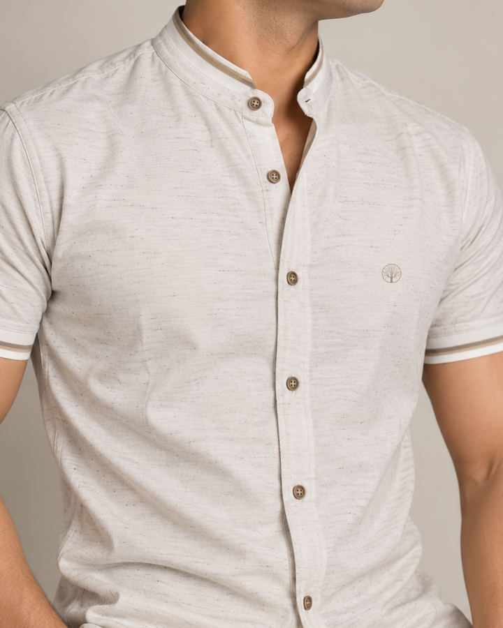 Camisa Hombre Manga Corta Cuello Neru Algodón Dobby - Purple Rain