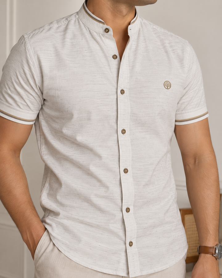 Camisa Hombre Manga Corta Cuello Neru Algodón Dobby - Purple Rain