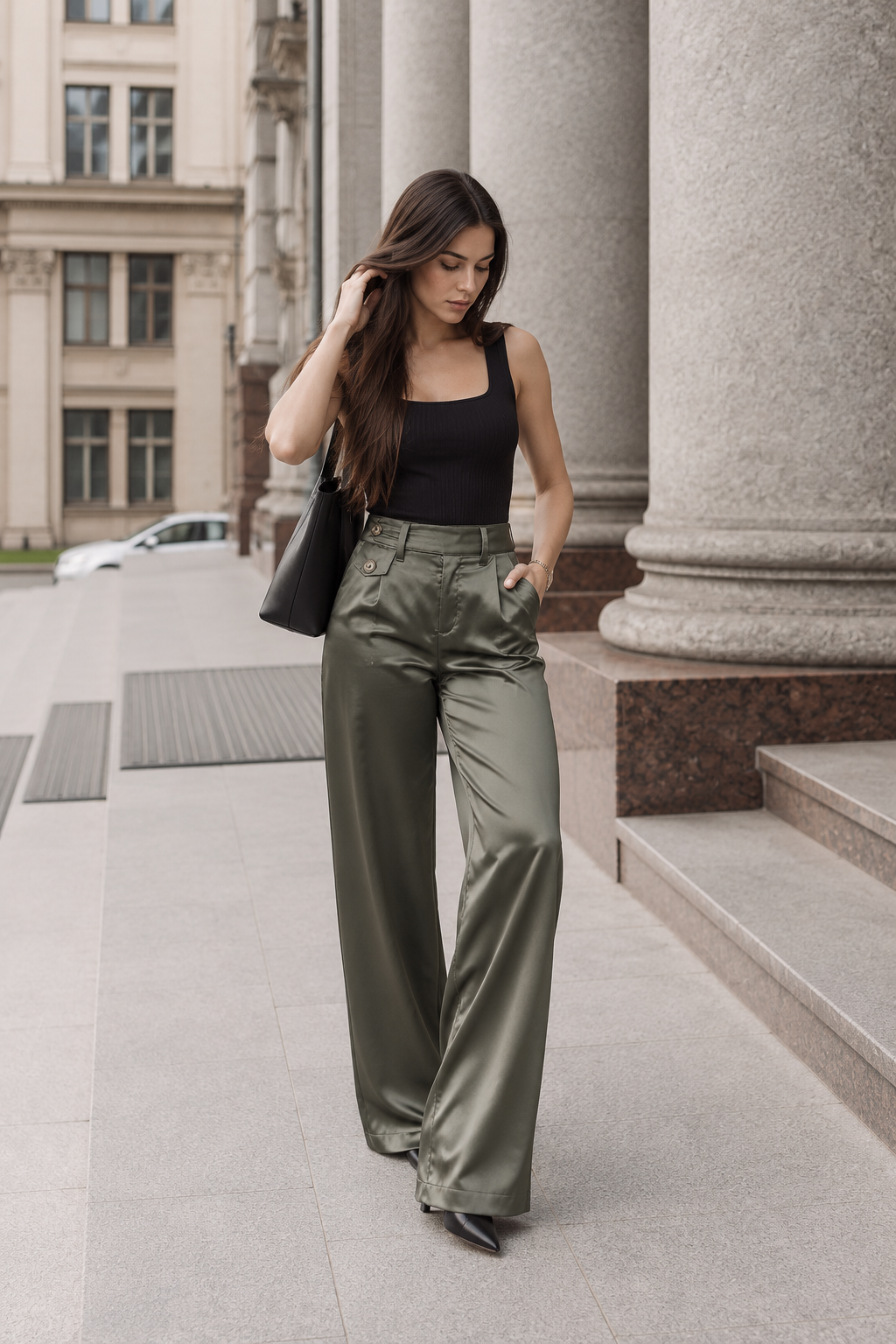 Pantalón Satinado Mujer Tiro Alto Bota Ancha Verona